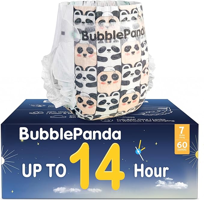 BubblePanda Overnight Diapers, Baby Diapers Nighttime Protection with Dual Absorbent Core, Wider Absorbent Zone, Leak Proof & Soft Surface, Disposable(Size 7, Count 60)