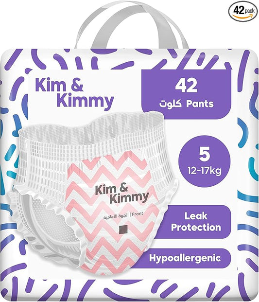 Kim & Kimmy Eco Diaper Pants, Size 5, 26-38 lbs, 42 Pants - 12 Hour Leak Protection, No Rashes, Hypoallergenic, Ultra-Soft & Highly Absorbent - Cruelty Free & Vegan - Zig Zag Swag