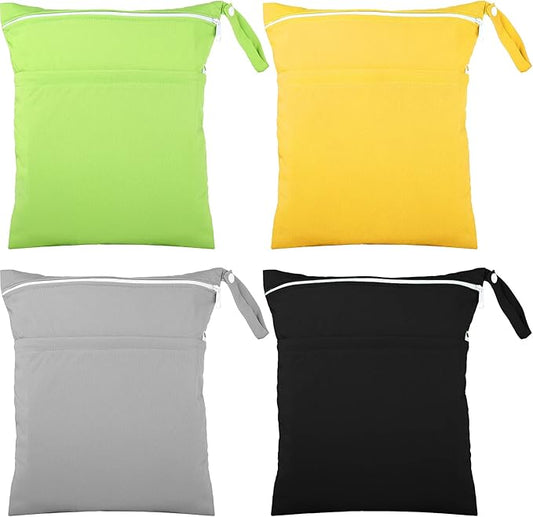 Shappy 4 Pcs Wet Dry Bag for Baby Cloth Diapers Waterproof Wet Bag Washable Travel Reusable with 2 Pocket for Swimsuits for Yoga Gym Travel Beach Pool(Gray, Green, Black, Yellow)