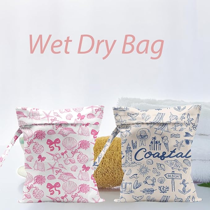 Waterproof Cloth Diaper Wet Dry Bag Reusable Travel Beach Pool Daycare Soiled Toddler Items Yoga Gym Bag for Swimsuits Wet Clothes Bags - 2pcs Coastal Themed Pattern