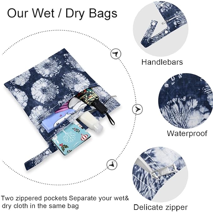 visesunny Abstract Tie Dye Floral 2Pcs Wet Bag with 2 Zippered Pockets Snap Handle Washable Reusable Roomy for Travel,Beach,Pool,Daycare,Stroller,Diapers,Dirty Gym Clothes, Wet Swimsuits, Toiletries