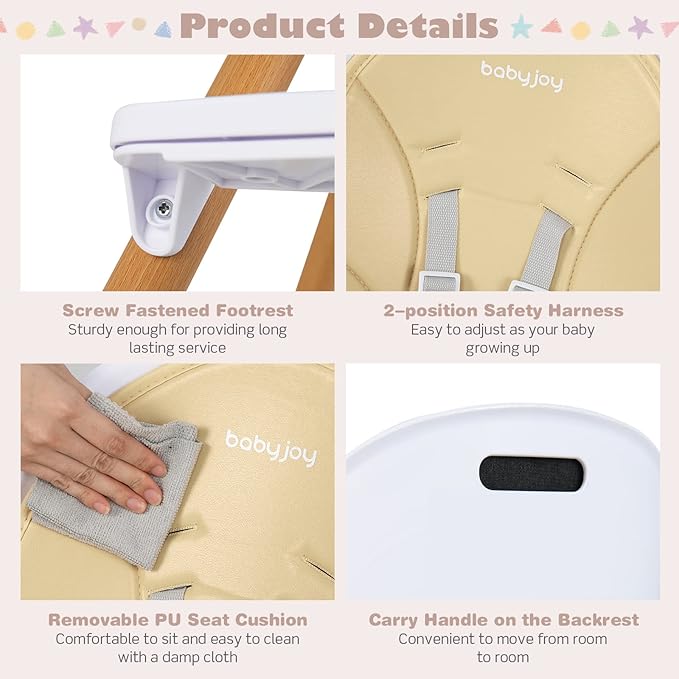 HONEY JOY High Chair, 3-in-1 Eat & Grow Highchair/Booster Seat/Toddler Chair w/Removable Tray, Safety Harness, Steel Legs, PU Cushion and Footrest for Baby, High Chair for Babies and Toddlers (Beige)