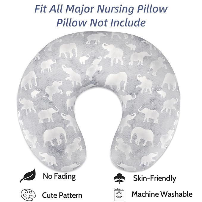 DILIMI Nursing Pillow Cover, Soft Stretchy Nursing Covers for Breastfeeding Pillows, 1 Pack Reversible Removable Slipcover for Baby Boy and Girls, Grey Elephant