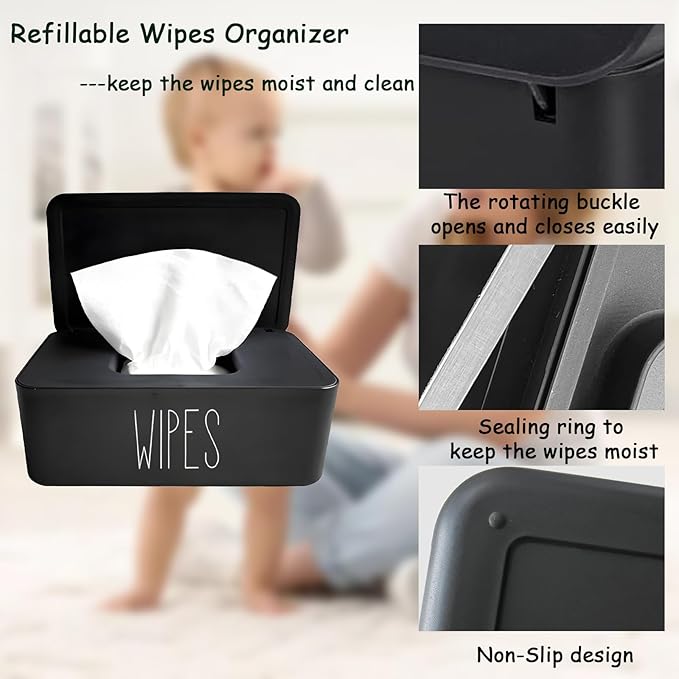 Sleek Baby Wipes Dispenser Easy to Access Bathroom Flushable Butt Wipes Container Holder Refillable,7.28" L x 4.80" W x 2.75" H (Black)