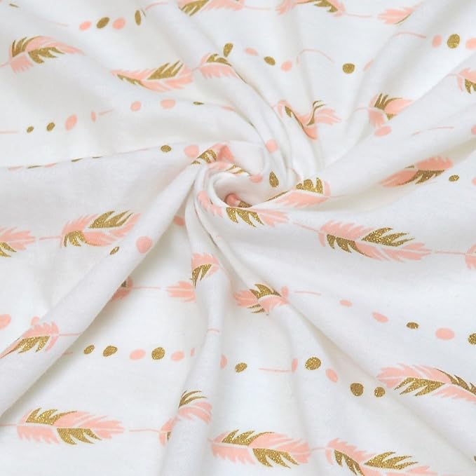 TL Care Printed 100% Cotton Knit Fitted Contoured Changing Table Pad Cover - Compatible with Mika Micky Bassinet, Sparkle Gold/Pink Feathers, for Girls
