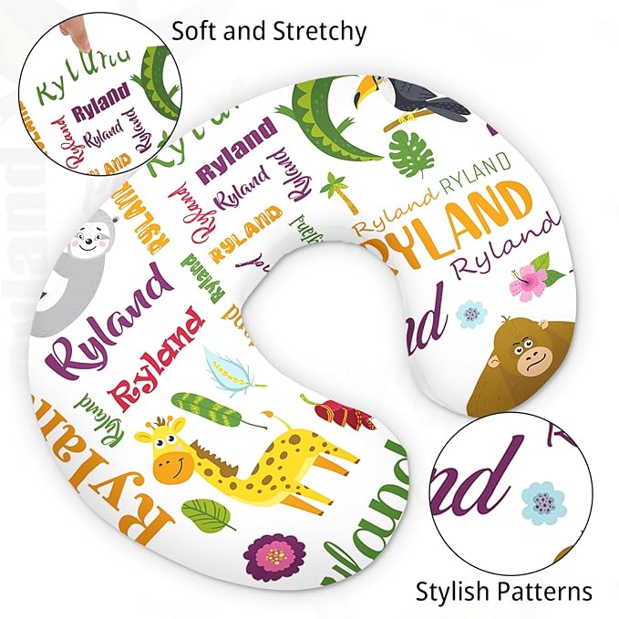 Baby Nursing Pillow Cover - Personalized Name Breastfeeding Pillow Cover with Animals Pattern, Stretchy Removable U-Shaped for New Moms, Soft Breathable Slipcover for Infant Boys Girls