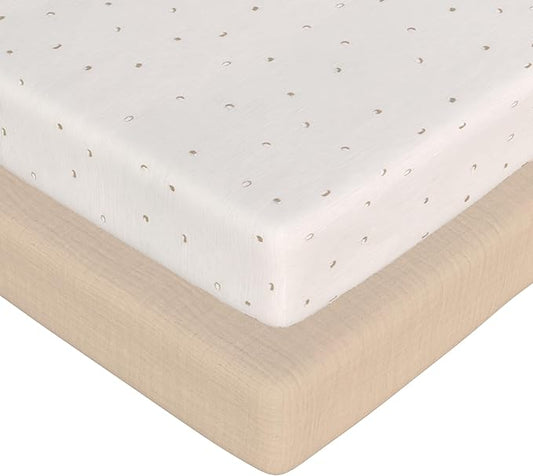 2-Pack Muslin Mini Crib Sheets Girl Boy, Cotton Muslin Pack and Play Sheets Fitted, 27" x 39", Fits Graco Pack n Play Mattress, Playpen Sheets Pack n Play, Oeko-Tex (Neutral Pack n Play Sheets)