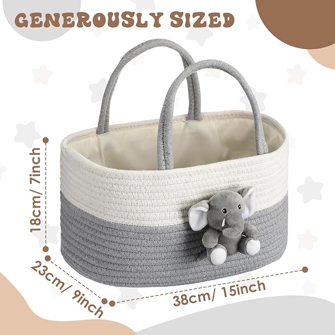 FoldTier Elephant Diaper Caddy Organizer Elephant Cart Storage for Nursery with Handle Baby Shower Basket Gift Baby Bath Caddy for Diapers Wipes Basket for Nursery(Large)