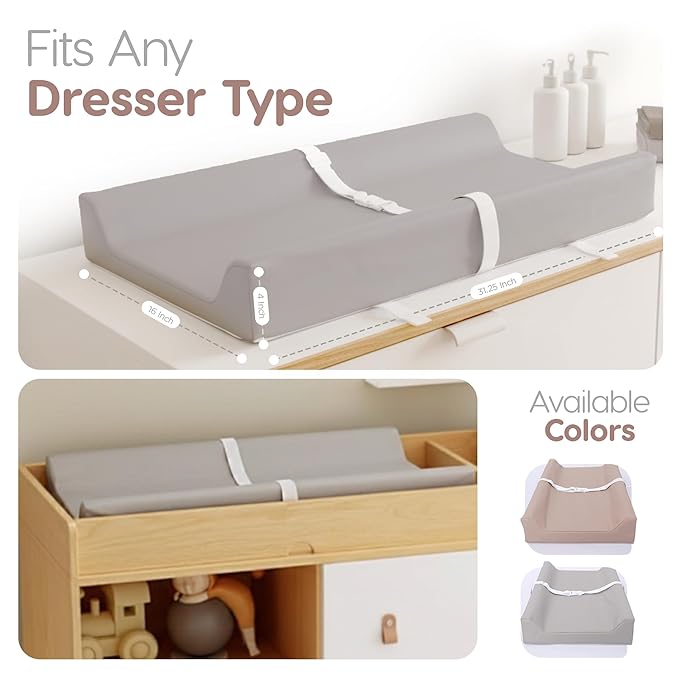 Waterproof Vegan Leather Contoured Baby Changing Pad | Wipe-Clean PU Leather Diaper Change Mat, Soft, Wipeable Removable & Washable Cover, Non-Slip Bottom, Standard Infant Diaper Table & Dresser Grey