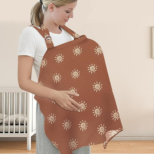 Nursing Cover for Mom Breastfeeding, Baby Privacy Nursing Covers Up Breathable Cotton with Ajustable Hoop for Mother (Brown)