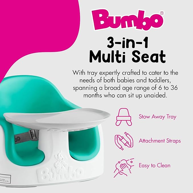 Bumbo 3-in-1 Multi-Seat for 6 to 36 Months, Travel Baby and Infant Feeding & Play Floor Seat, Aqua - All-in-One Portable Booster with Dining Tray & Toddler Kitchen High Chair