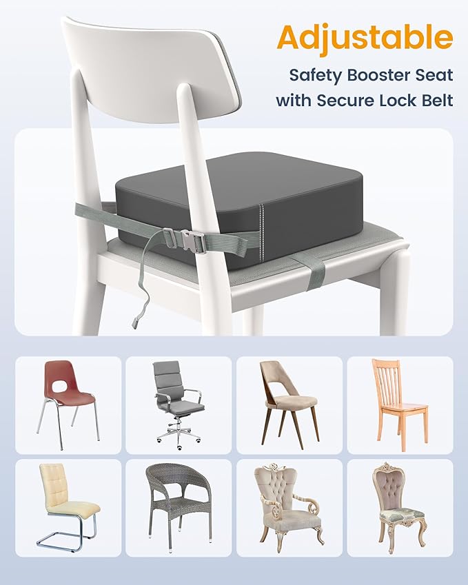 Booster Seat for Kitchen Chair – Toddler Booster Seats for Dining Table with 2 Secure Buckle Straps, PU Leather Booster Cushion Foam Chair for Baby Kids, Portable & Easy to Clean (Dark Grey)
