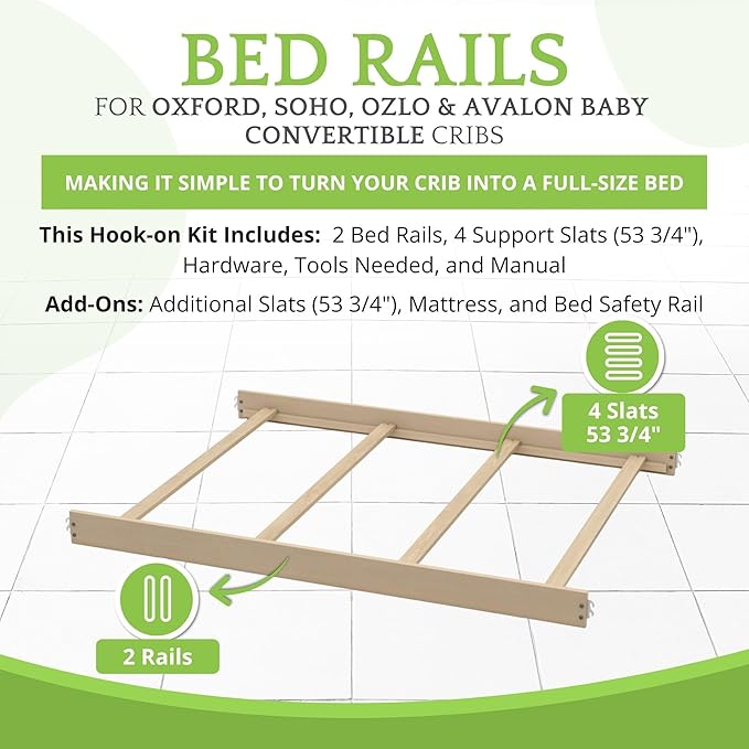Full-Size Conversion Kit Bed Rails for Oxford, Soho, Ozlo & Avalon Baby Convertible Cribs - Solid Wood - Toddler and Adult Rail for Full-Size Bed - Nursery & Baby Furniture (Washed Sand, Hook-On Kit)