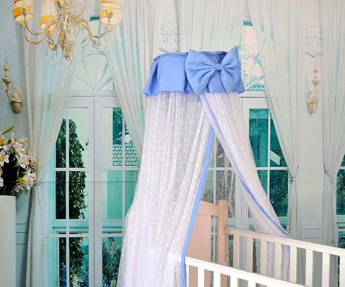 Baby Bed Mosquito Net Crib Hanging Dome Canopy Netting with Blue Bowknot Fits Cradle Cot Boys Girls Nursery Bedroom Decor, H-239