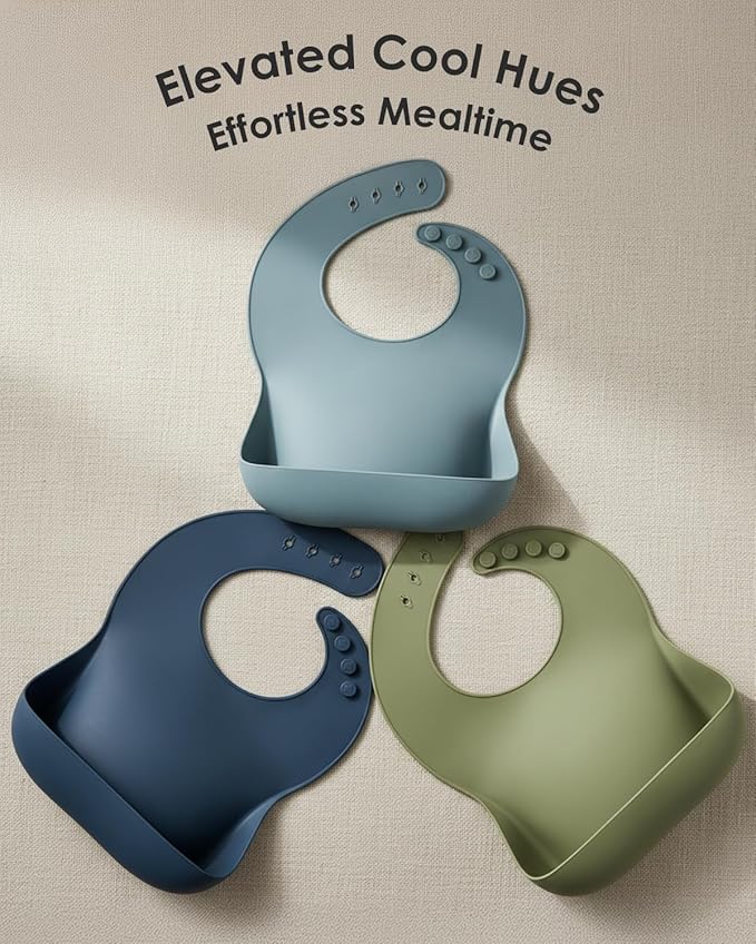 Tiny Marvels Silicone Baby Bibs Set of 3, Adjustable & Dishwasher Safe, Easy Clean Toddler Bibs with Food Catcher Pocket