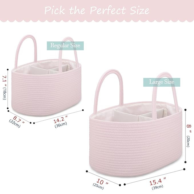 COMSE Large Baby Diaper Caddy Organizer for Girl Boy, Car Caddy with Handles, Cotton Rope Basket for Changing Table, Nursery Organizer, Gift for Baby Shower and Registry Must Have, Light pink