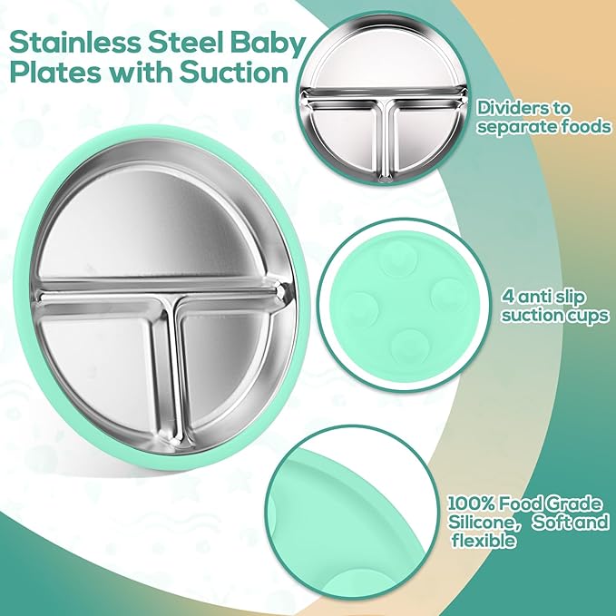 Mity rain Stainless Steel & Silicone Toddler Plates and Bowls Set with Suction,5-Piece Suction Plates & Bowls for Toddler,Removable Shell,Silicones Baby Plates for Independent Eating(Light Green)