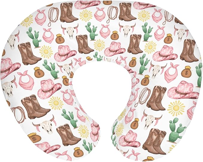 Pink Western Cowgirl Baby Nursing Pillow Covers for Girl Cowgirls Boots Hat Horse Cactus Sun Cow Skulls Nursery Slipcover for Breastfeeding Pillows Wild West Soft Stretchy Cover for Newborn Infant