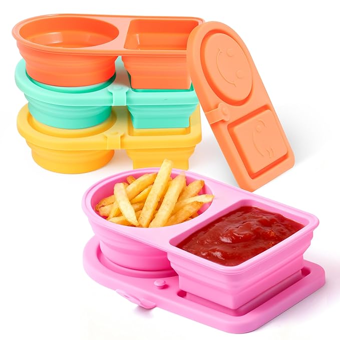 Silicone Reusable Snack Containers - 4PCS Double Compartment Snackle Box with Lids for Kids & Adults, Portable Leakproof Food Storage Boxes for Salad Dressing, Sauces, Picnic, Travel