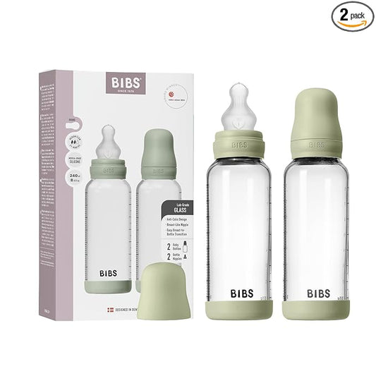 BIBS Glass Baby Bottles 2-Pack, 8.1 Oz. Anti-Colic System for Gas Reduction. Vented Round Silicone Nipple. Supports Infant and Newborn Breastfeeding - 240 ml (Pack of 2), Sage