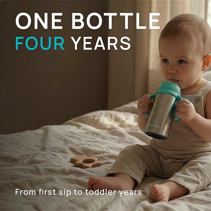 3-in-1 Stainless Steel Newborn Baby Bottle – Grows into Sippy and Straw Cup, Leak-Proof Insulated, Ages 0–4, 6 oz Teal