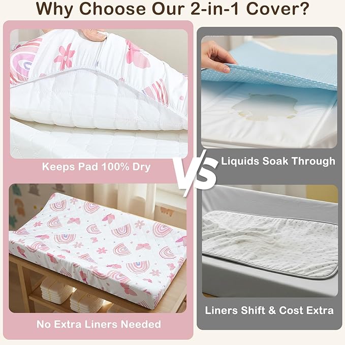 FIOBEE Changing Pad Cover Waterproof 2 Pack Quilted Diaper Change Table Sheets Breathable & Ultra Soft for Newborn Baby Boys Girls Fitted Changer Pads 32"x 16", Pink & White Rainbow