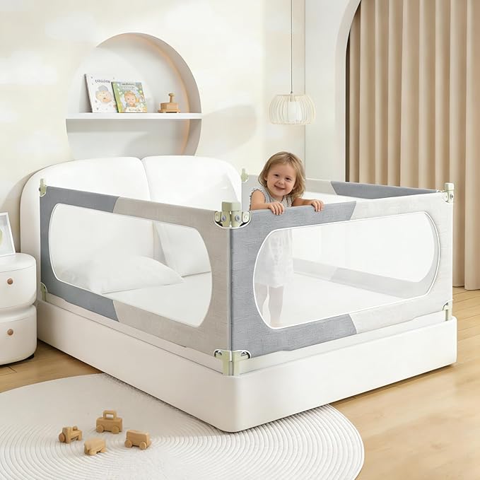 Bed Rail for Toddlers Twin, Full, Queen, King & Cal kingMattress Size | Swing Down Rail Guard | Mattress Side Rail for Kids (Gray and White, (3 Sides for Cal King) 86x86x75 Inch)