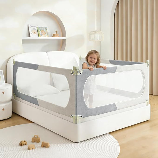 Bed Rail for Toddlers Twin, Full, Queen, King & Cal kingMattress Size | Swing Down Rail Guard | Mattress Side Rail for Kids (Gray and White, (3 Sides for Cal King) 86x86x75 Inch)