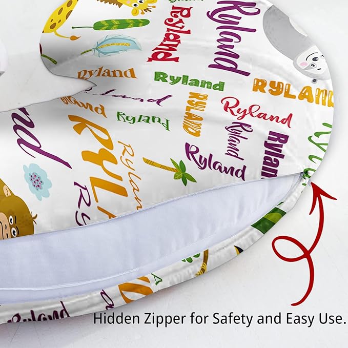 Baby Nursing Pillow Cover - Personalized Name Breastfeeding Pillow Cover with Animals Pattern, Stretchy Removable U-Shaped for New Moms, Soft Breathable Slipcover for Infant Boys Girls