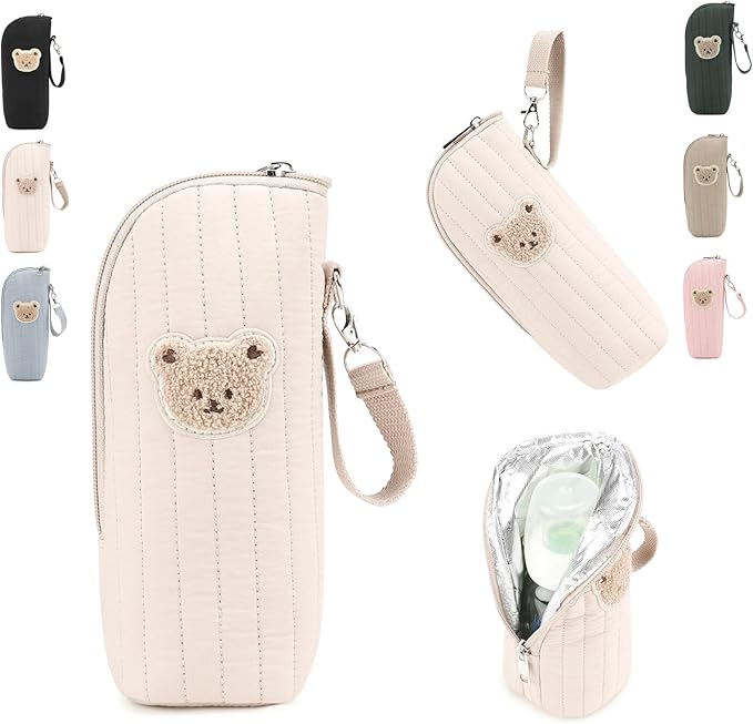 Insulated Baby Bottle Bag, Cotton Thermal Storage Organizer with Bear Design, 8.66x2.76x3.15 Inches, Light Blue, for Breast Milk Transport and Snacks (white)