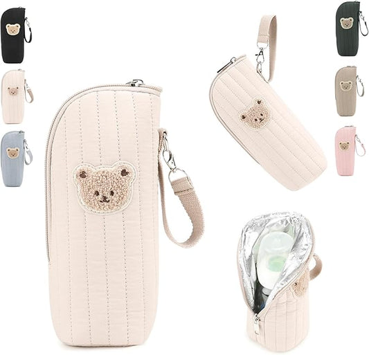 Insulated Baby Bottle Bag, Cotton Thermal Storage Organizer with Bear Design, 8.66x2.76x3.15 Inches, Light Blue, for Breast Milk Transport and Snacks (white)