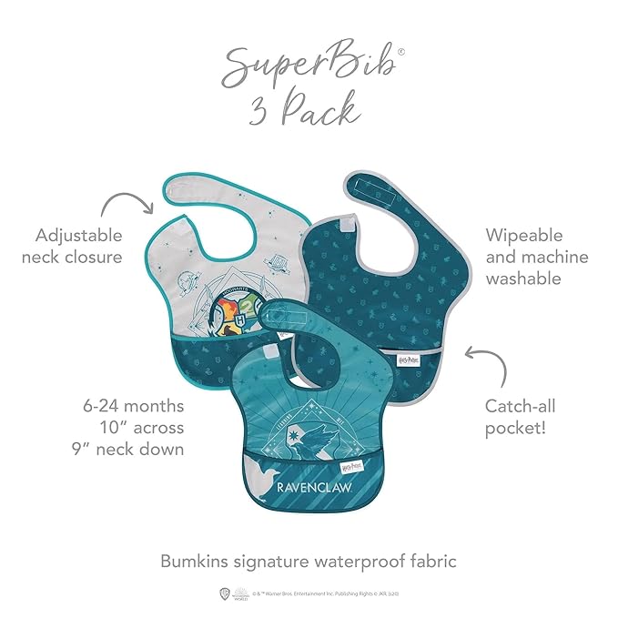 Bumkins Bibs for Girl or Boy, SuperBib Baby and Toddler for 6-24 Months, Essential Must Have for Eating, Feeding, Baby Led Weaning, Mess Saving Waterproof Soft Fabric, 3-pk Harry Potter Ravenclaw