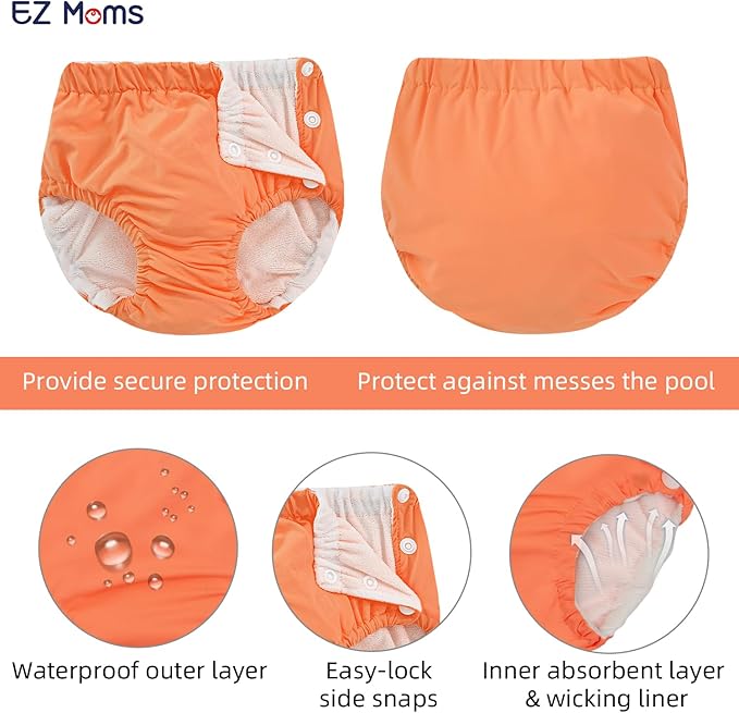 EZ Moms 2 Packs Reusable Swim Diapers Toddler Baby Swim Diaper Size 3 Washable Snap Pool Swimming Diaper 3T Soft and Silky Waterproof Diapers for Swimming Lessons Boys and Girls with a Laundry Bag