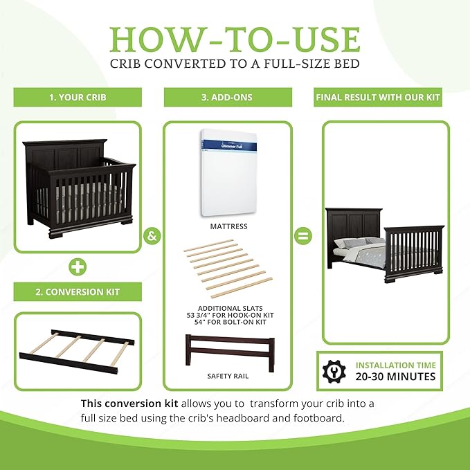 Full-Size Conversion Kit Bed Rails for Oxford, Soho, Ozlo & Avalon Baby Convertible Cribs - Solid Wood - Toddler and Adult Rail for Full-Size Bed - Nursery and Baby Furniture (Espresso, Hook-On Kit)