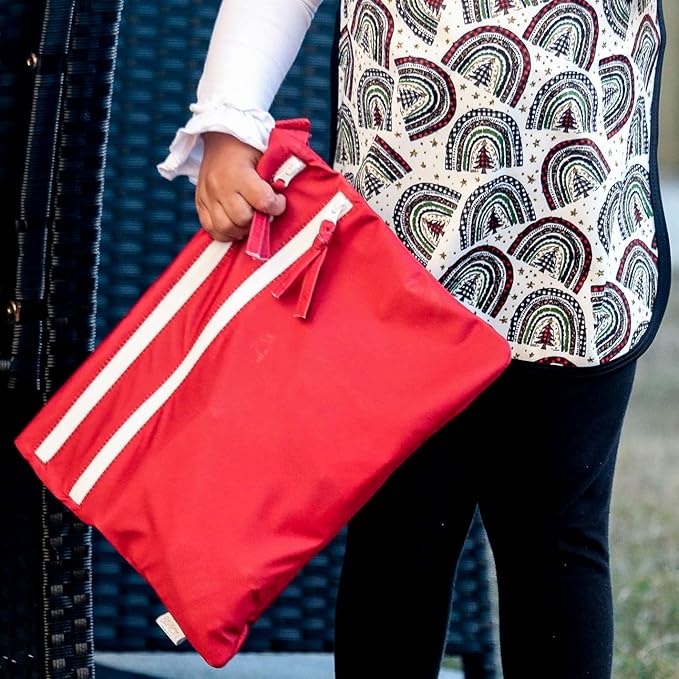 BapronBaby Minimalist Cranberry Wet Dry Bag - Waterproof Two Zipper Pockets - Reusable for Mealtime, Diapers, Stroller, Snacks, Swimsuits - Machine Washable - 11" x 9"