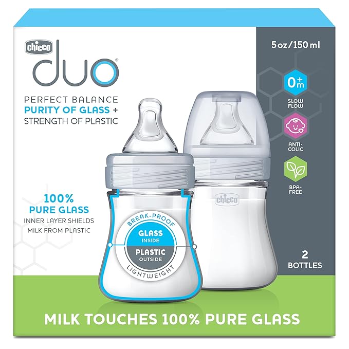 Chicco Duo 5oz Hybrid Baby Bottle, Real Glass Inside, Lightweight Plastic Outside, Patented Invinci-Glass Technology, Intui-Latch Nipple, 2-Pack, Clear/Grey