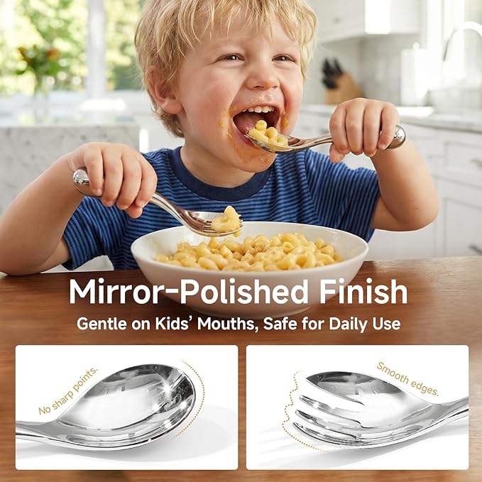 KINGSTONE Toddler Utensils Set, 18/10 Stainless Steel Kids Silverware Set with Curved Handle, All-Metal Baby Fork and Spoon, Safe Children's Flatware, Dishwasher Safe, Mirror Polished (2-Piece)