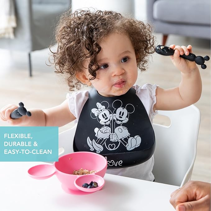 Bumkins Bibs, Silicone Pocket for Babies, Baby Bib for Girl or Boy, for 6-24 Months Up to Toddler, Essential Must Have for Eating, Feeding, Baby Led Weaning Supplies, Mess Saving, Mickey and Minnie