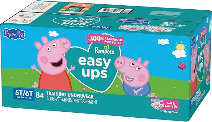 Easy Ups Girls & Boys Potty Training Pants, Size 5T-6T, 84 Count, Peppa Absorbent Training Underwear, Up to 100% Leakproof Day and Night, Hypoallergenic (Packaging May Vary)