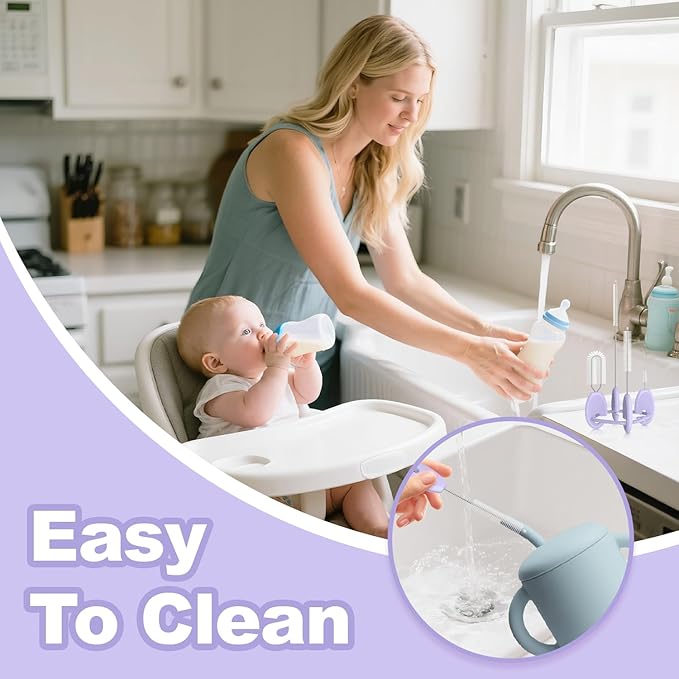 YOTIME 4 in 1 Straw Cleaner Brush Set, Reusable Standing Straw Brushes with Holder Ring, for Baby Bottles, Sippy Cups and Lids, Purple