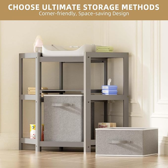 Glaf Corner Changing Table, Baby Diaper Changing Station with Storage Drawer Laundry Hamper Multifunctional Portable Diaper Station with Changing Pad for Newborn Infant (Grey)