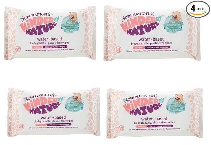 Kinder by Nature Water-Based Baby Wipes - 100% Biodegradable & Compostable, 224 Count (4 Packs of 56) - 99% Water, Plastic-Free Wipes