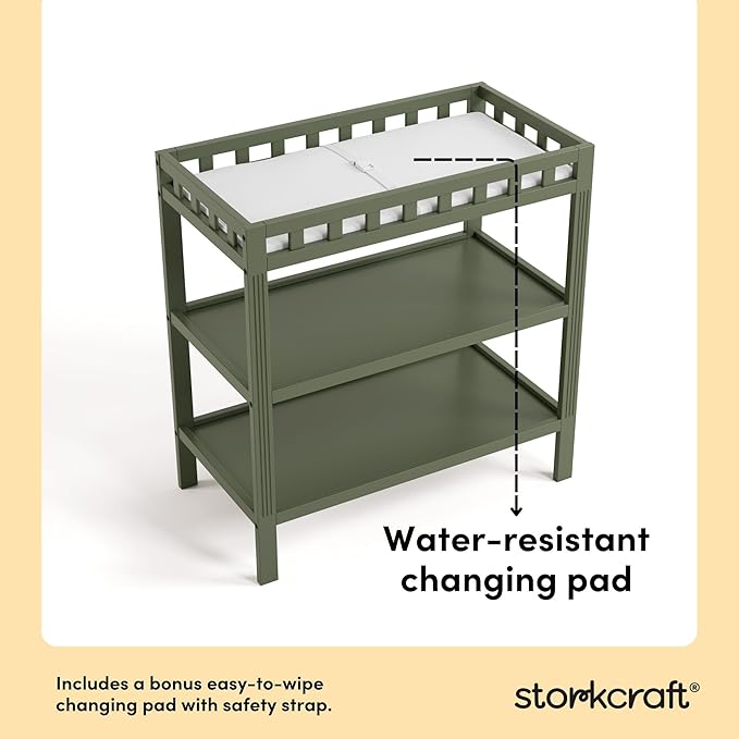 Storkcraft Morningside Changing Table (Olive) – GREENGUARD Gold Certified Baby Changing Table, Includes Waterproof Diaper Changing Pad, Easy 30-Minute Assembly, 2 Open Shelves for Storage