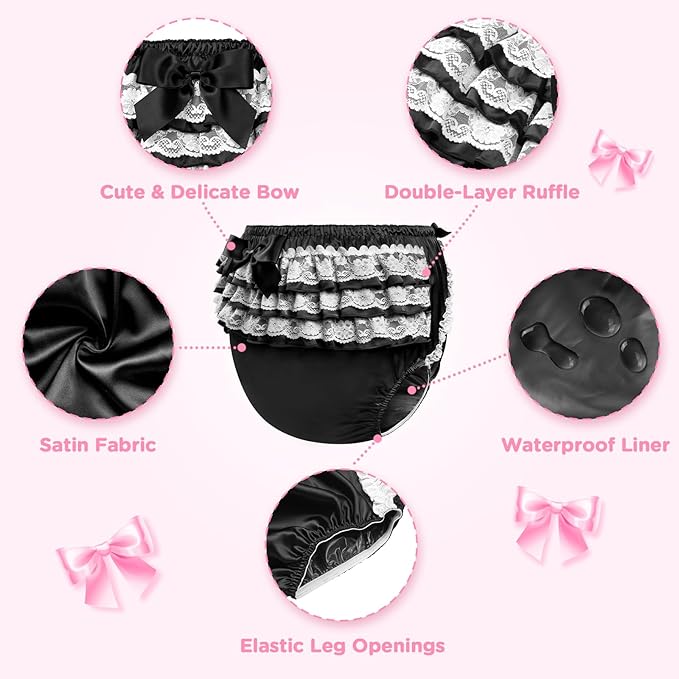 Littleforbig Washable Reusable Waterproof Ruffled Lace Bow Pretty in Black Satin Over Adult Diaper Cover M