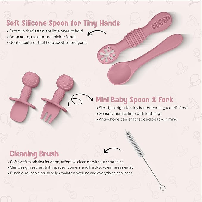 O'doe 11-Piece BPA-Free Silicone Baby Feeding Set | Thick & Soft Suction Plates, Baby Bowls, Wooden Fork & Spoon, and More | Make Mealtime Fun and Easy for Your Little One (Rose, V1)