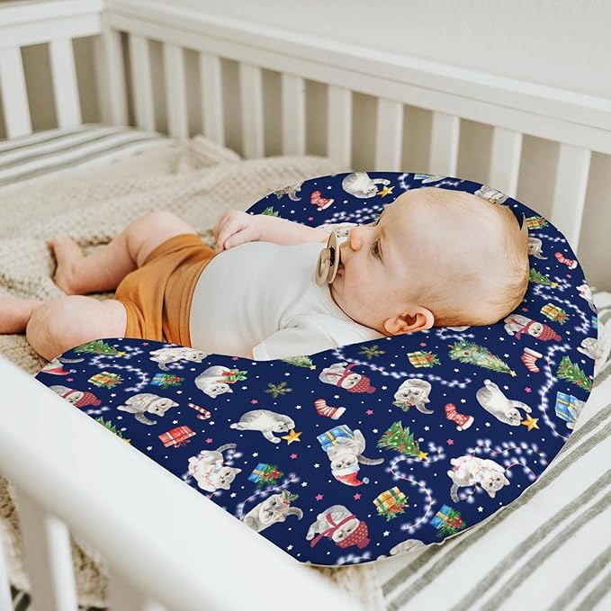 Blue Christmas Holiday Cats Baby Nursing Pillow Covers for Boy Girl Winter Kitten Trees Lights Candy Nursing Pillowcase for Breastfeeding Pillows Cats Lover Gift Soft Stretchy Slipcovers for Newborn