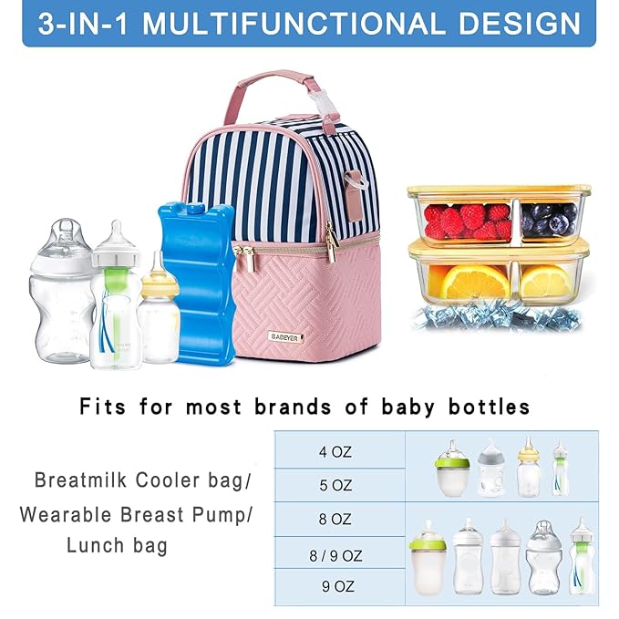 Breastmilk Cooler Bag with Ice Pack Fits 6 Baby Bottles up to 9 Ounce, Breast Milk Pump Cooler Bag with Shoulder Strap for Nursing Mom Daycare, Work, Travel- Straps