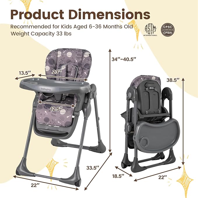 BABY JOY Foldable High Chair, Portable Highchairs for Babied and Toddlers with Adjustable Height, Backrest & Footrest, Double Removable Tray, Built-in Wheels, Baby Feeding Chair for 6-36 Months