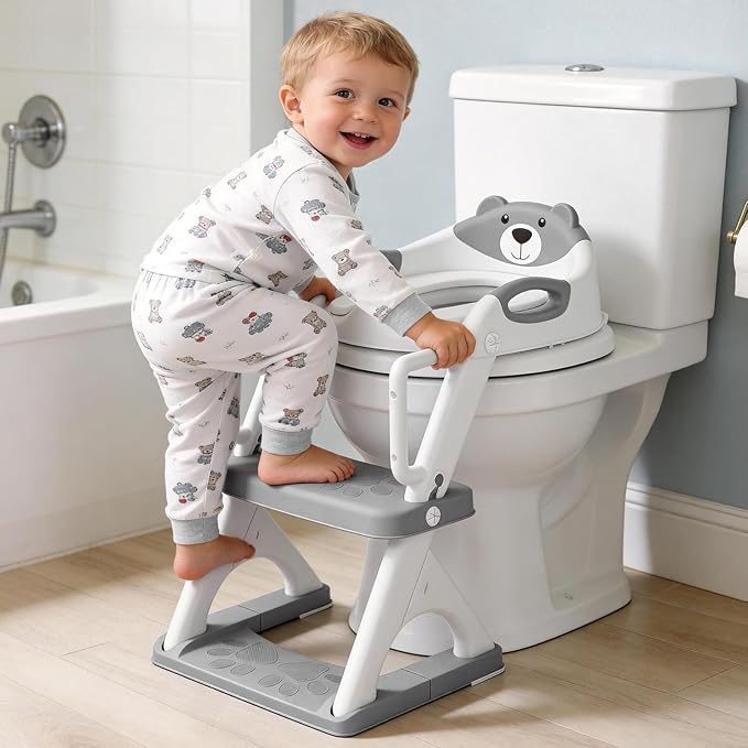 Potty Training Seat with Step Stool Ladder, Toddler Toilet Seat for Boys Girls, Adjustable 6 Heights Fits Round & Elongated Toilets, Anti-Slip Pads & Leak-Proof Guard