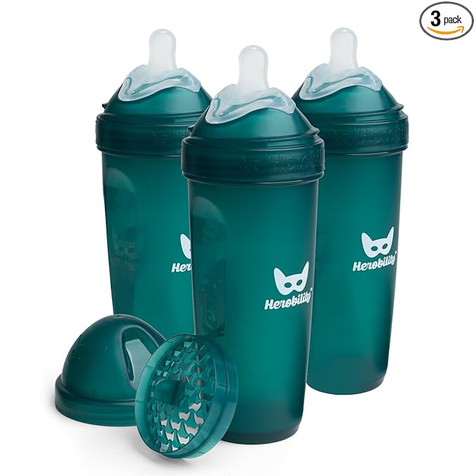 Herobility Anti-Colic Baby Bottles 12 fl oz/340ml - Pack of 3 Plastic Baby Bottles, Fast Flow Plastic Bottles, Breast-Shaped Teat for Breastfed Babies, Small Baby Bottles, Swedish Design, Dark Green